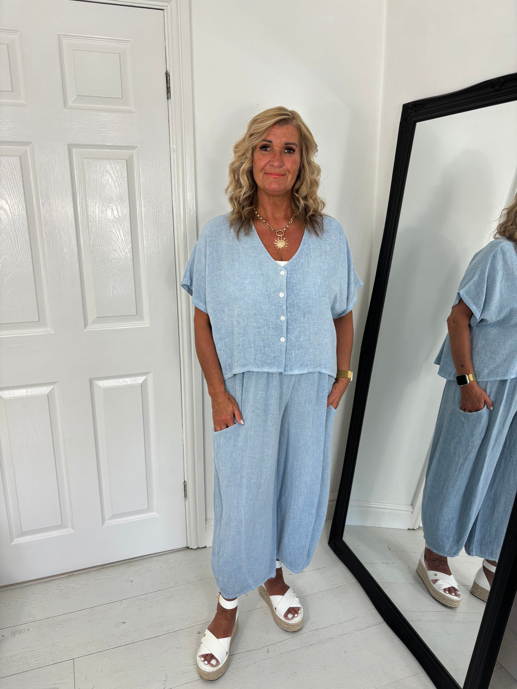 JEM Baby Blue Linen Mix Barrel Leg Co Ord