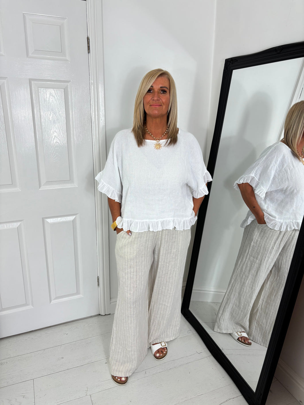 EMMA Cream Pinstripe Linen Trouser