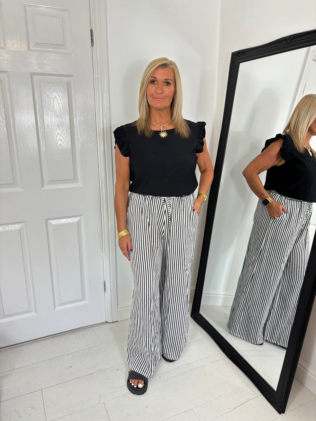 SARA Black/Off White Light Linen Stripe Trouser