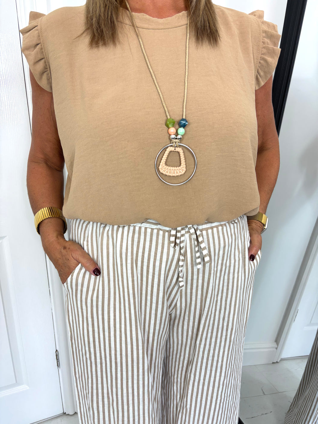 MEG Caramel Frill Sleeve Top With Necklace