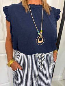 MEG Navy Frill Sleeve Top With Necklace