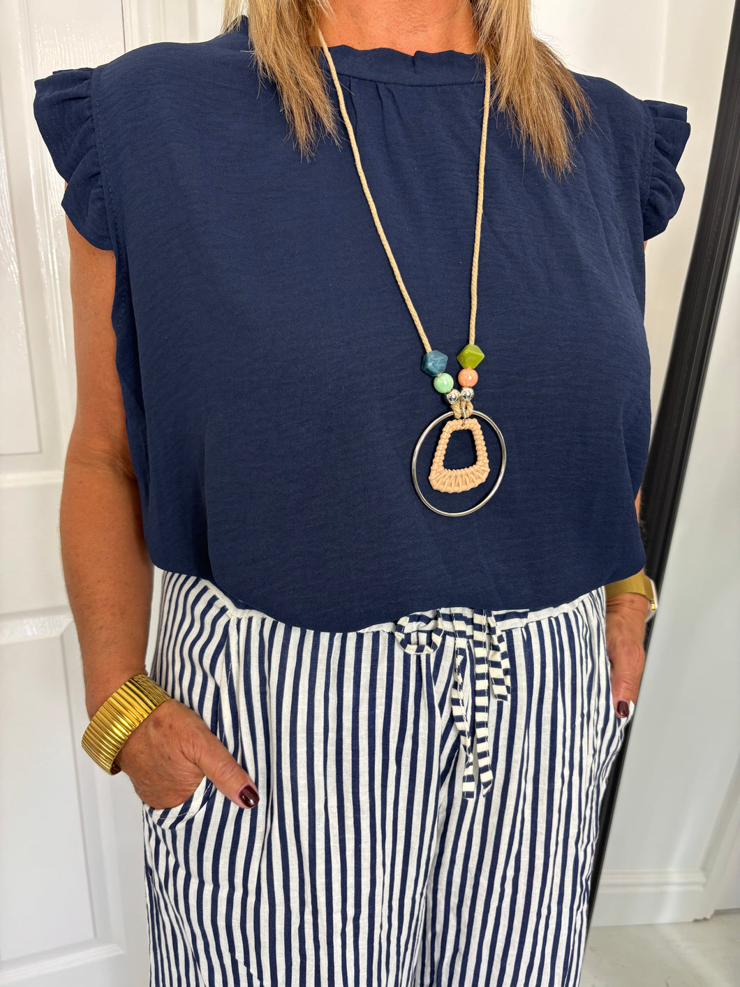 MEG Navy Frill Sleeve Top With Necklace