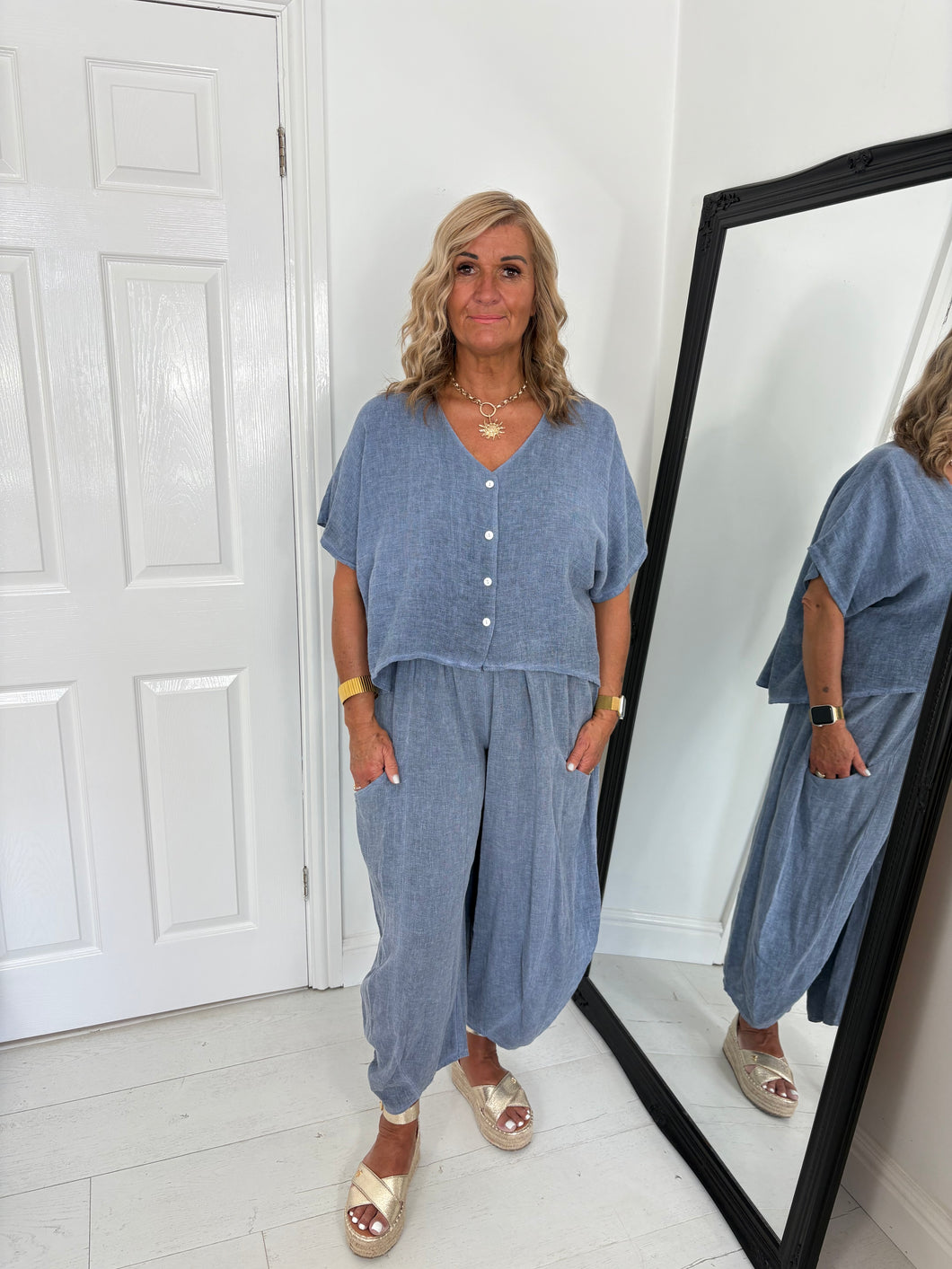 JEM Denim Blue Linen Mix Barrel Leg Co Ord