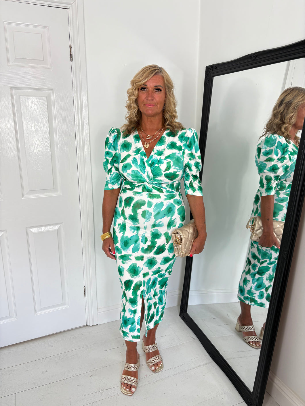 JASMINE Green Floral Fitted Midi Dress
