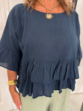 Load image into Gallery viewer, JOELLE Navy Double Frill Linen Mix Top
