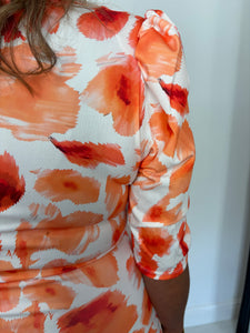 JASMINE Orange Floral Fitted Midi Dress