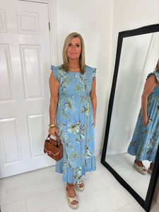 BETSY Denim Blue Shirred Frill Long Dress