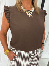 Load image into Gallery viewer, KITTY Brown Button Back Detail Frill Sleeve Top
