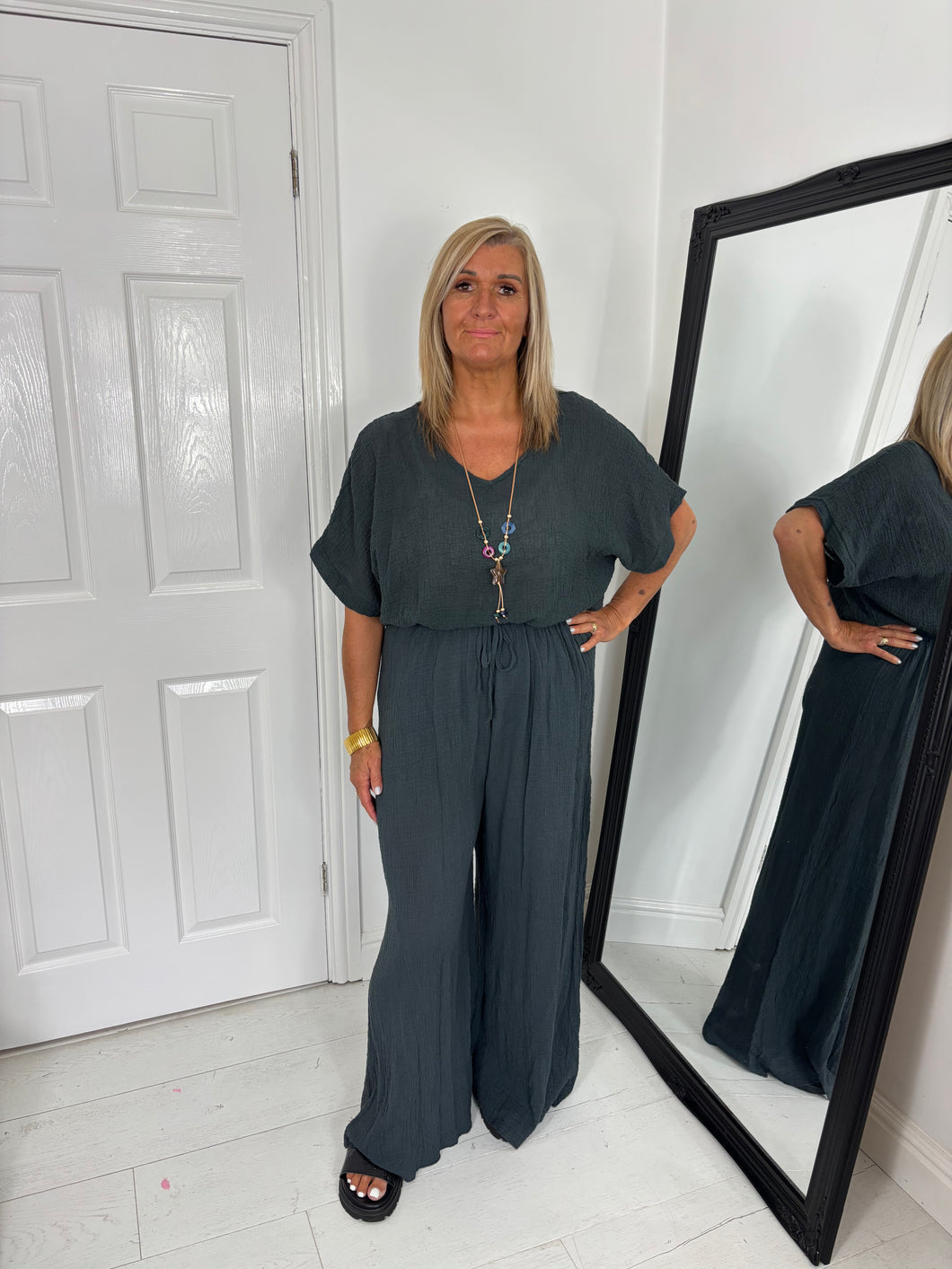 TILLY Charcoal Trouser Co Ord With Necklace