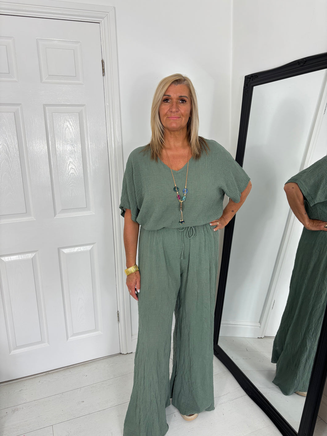 TILLY Khaki Trouser Co Ord With Necklace