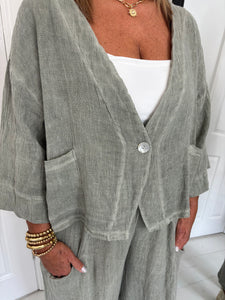 PEARL Khaki Linen Mix Barrel leg Co Ord