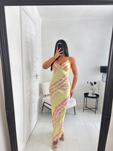 ANGEL Yellow/Purple Slinky Satin Maxi