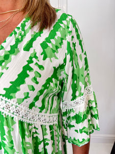 TAMARA Green/White Smock Dress