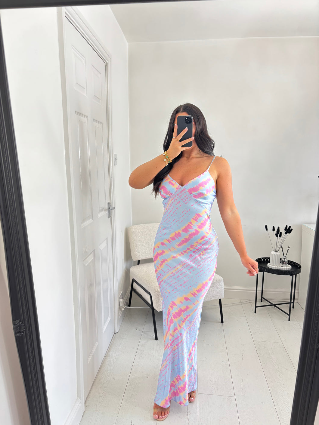 ANGEL Blue/Pink Slinky Satin Maxi