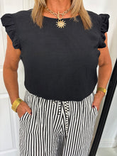 Load image into Gallery viewer, KITTY Black Button Back Detail Frill Sleeve Top
