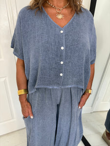 JEM Denim Blue Linen Mix Barrel Leg Co Ord