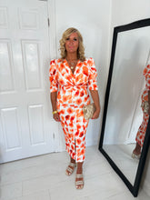 Load image into Gallery viewer, JASMINE Orange Floral Fitted Midi Dress
