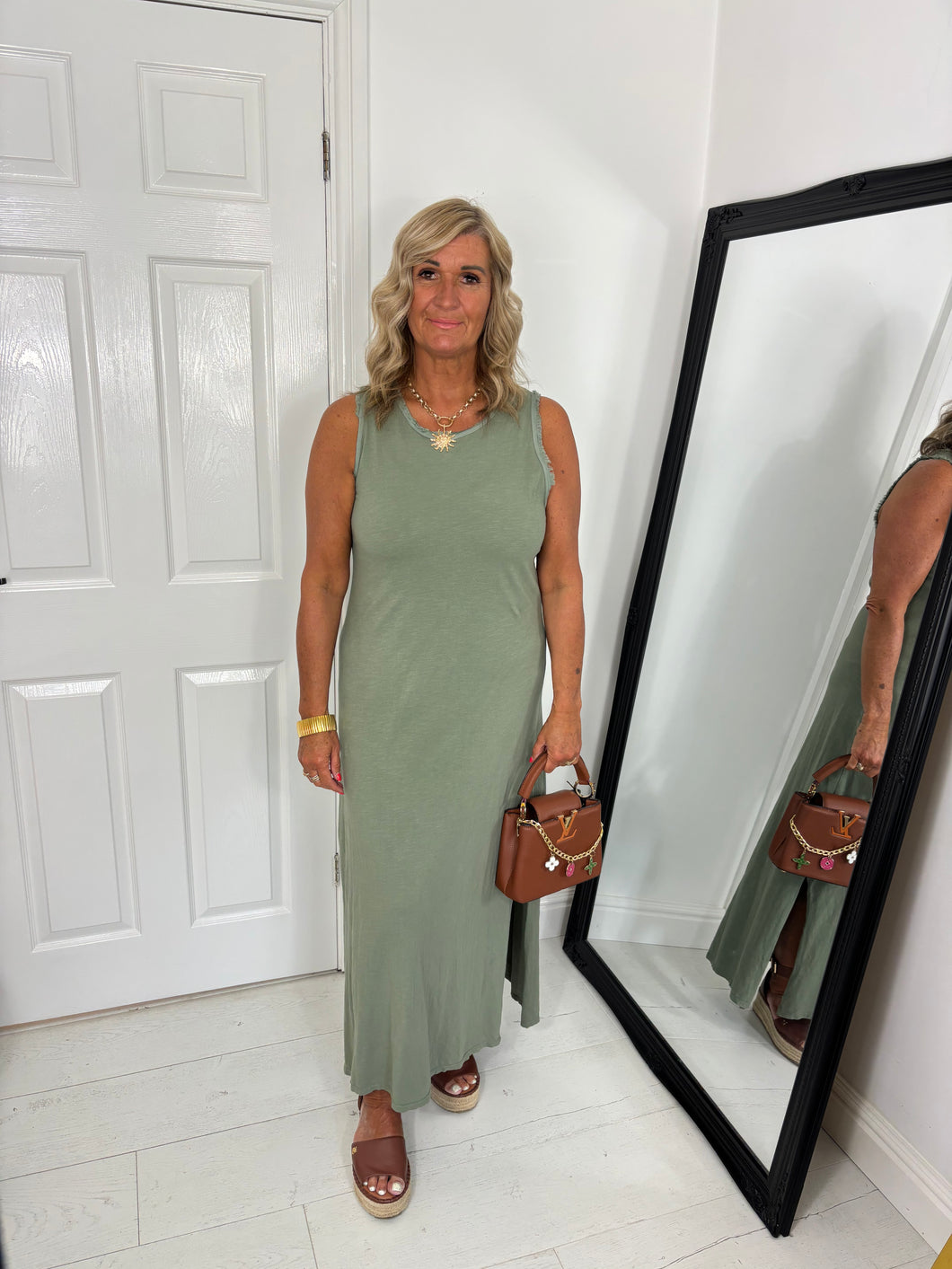 LANA Khaki Frayed Detail Basic Maxi Dress