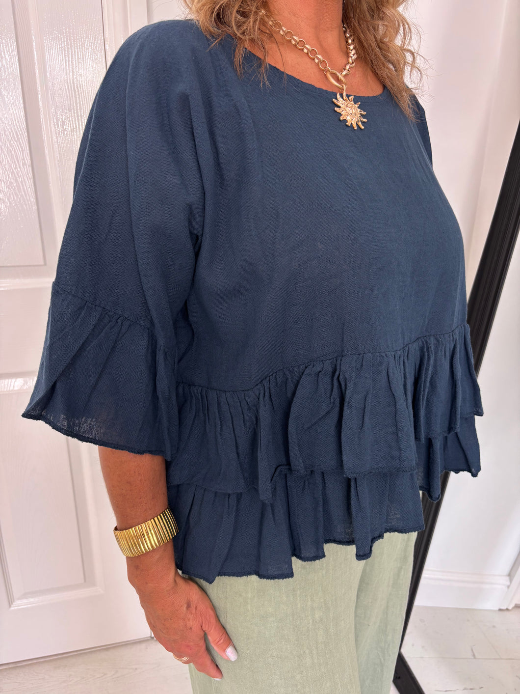 JOELLE Navy Double Frill Linen Mix Top
