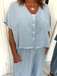 JEM Baby Blue Linen Mix Barrel Leg Co Ord