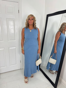 LANA Blue Frayed Detail Basic Maxi Dress