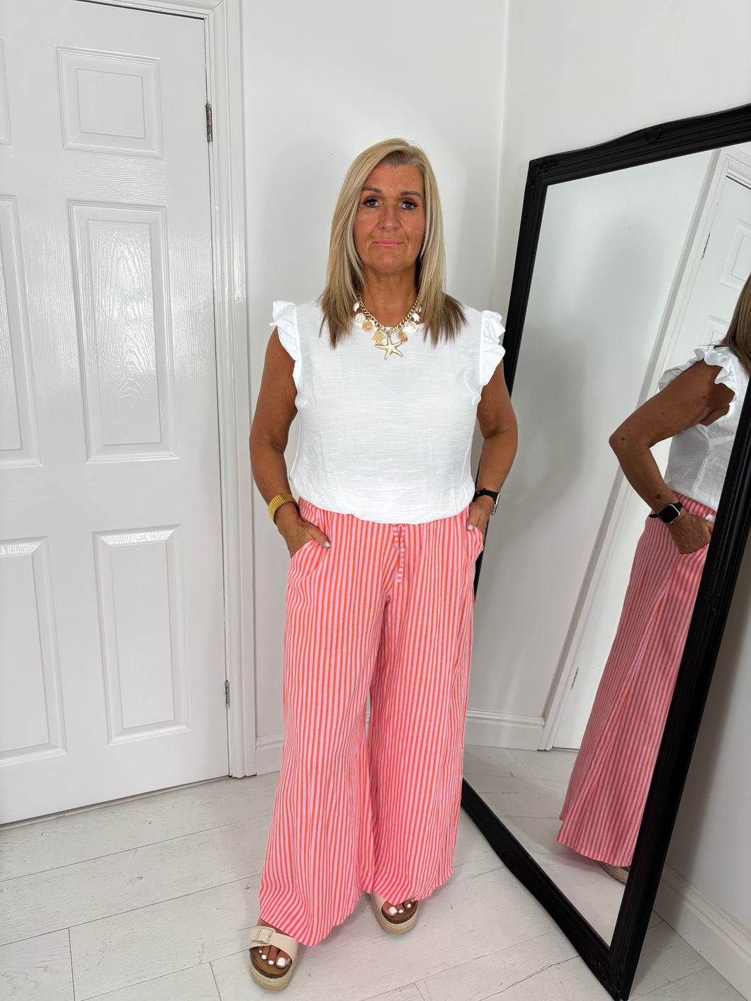 SARA Pink/Orange Light Linen Stripe Trouser