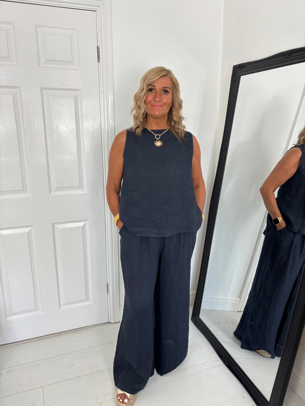 SIAN French Navy Linen Wide Leg Co Ord