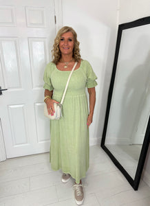 ZARA Washed Linen Shirred Khaki Dress