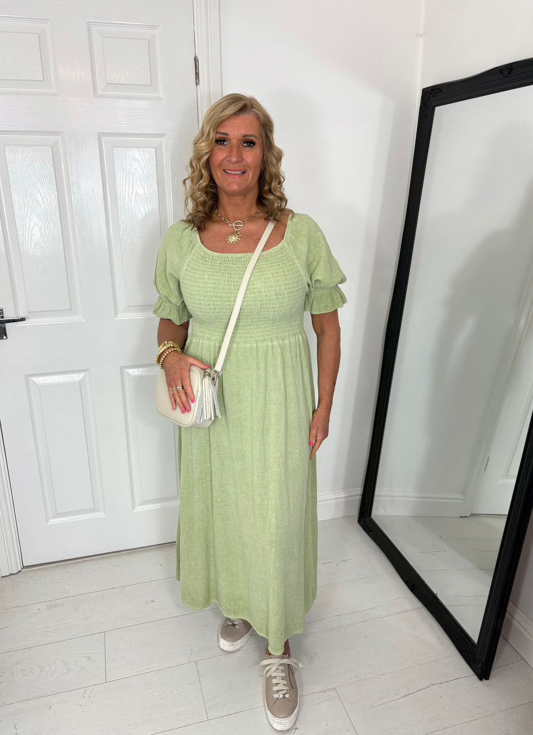 ZARA Washed Linen Shirred Khaki Dress