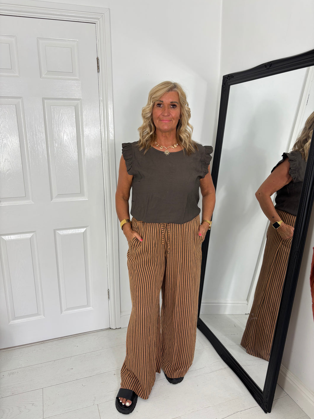 SARA Brown/Caramel Light Linen Stripe Trouser