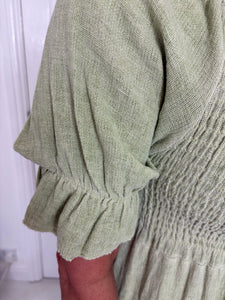 ZARA Washed Linen Shirred Khaki Dress