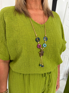 TILLY Olive Green Trouser Co Ord With Necklace