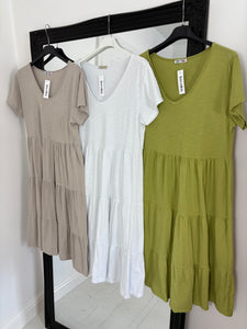 JODIE Off White Classic T- Shirt Tiered Dress