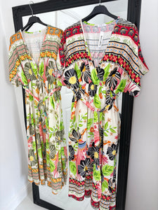 AMBER Green/Orange Exotic Print Dress