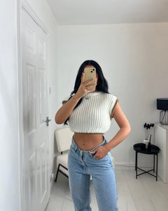 AMY White With Camel Outline Cropped Knit Top