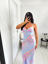 Load image into Gallery viewer, ANGEL Blue/Pink Slinky Satin Maxi
