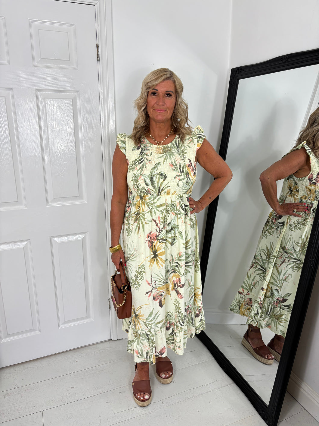 BETSY Pastel Yellow Shirred Frill Long Dress