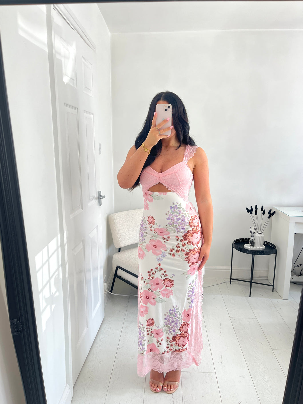 IMOGEN Pink Floral Lace Trim Dress