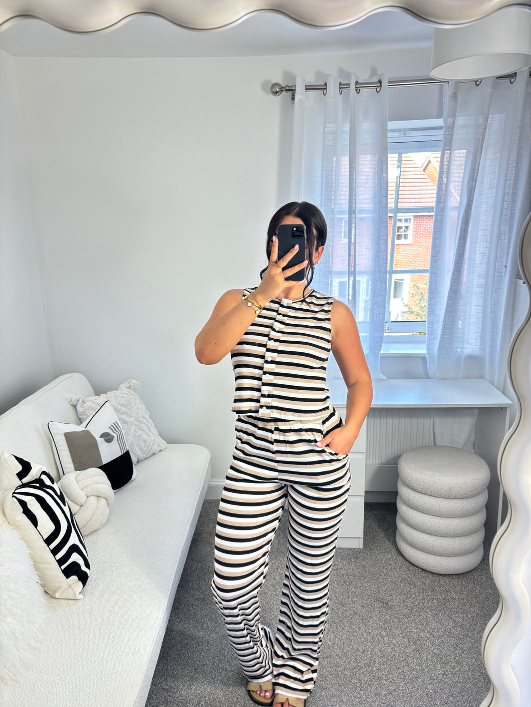 AMY Beige/Black Stripey Button Up Co Ord