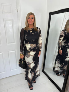 LARA Brown Long Sleeve Mesh Dress