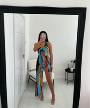 Load image into Gallery viewer, RIAN Multi Coloured Slinky Backless Drape Mini Dress
