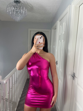 Load image into Gallery viewer, LARISA Metallic Pink PU One Shoulder Dress
