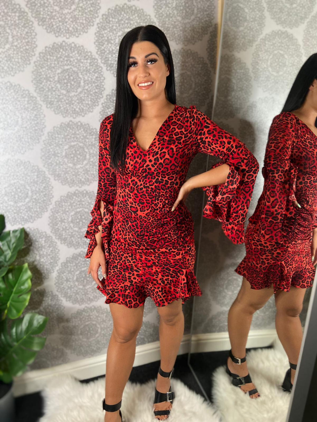 ALLYSON Red Animal Print V Neck Dress