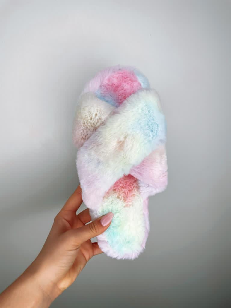 MAE Rainbow Faux Fur Cross Strap Platform Slippers