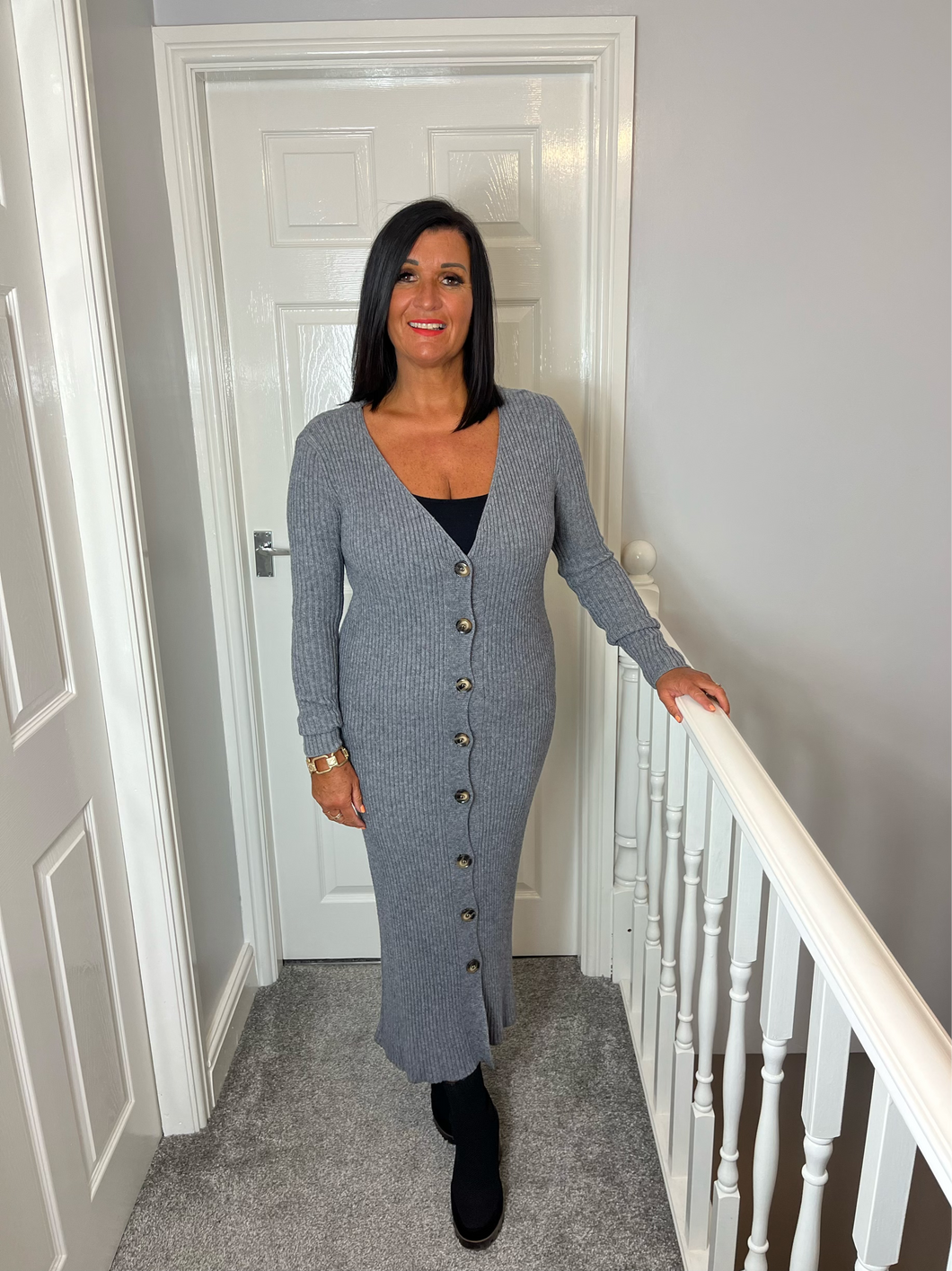 SAFFRON Grey Knitted Button Front Dress