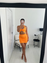 Load image into Gallery viewer, AVA Orange Low-Cut Halter Neck Mini Dress
