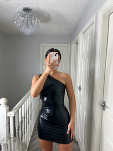 LARISA Black PU One Shoulder Dress