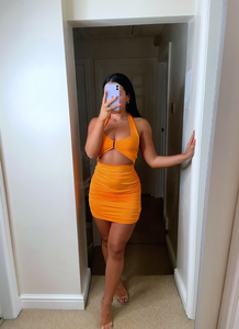 AVA Orange Low-Cut Halter Neck Mini Dress