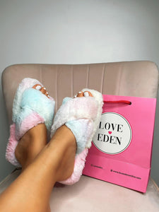 MAE Rainbow Faux Fur Cross Strap Platform Slippers